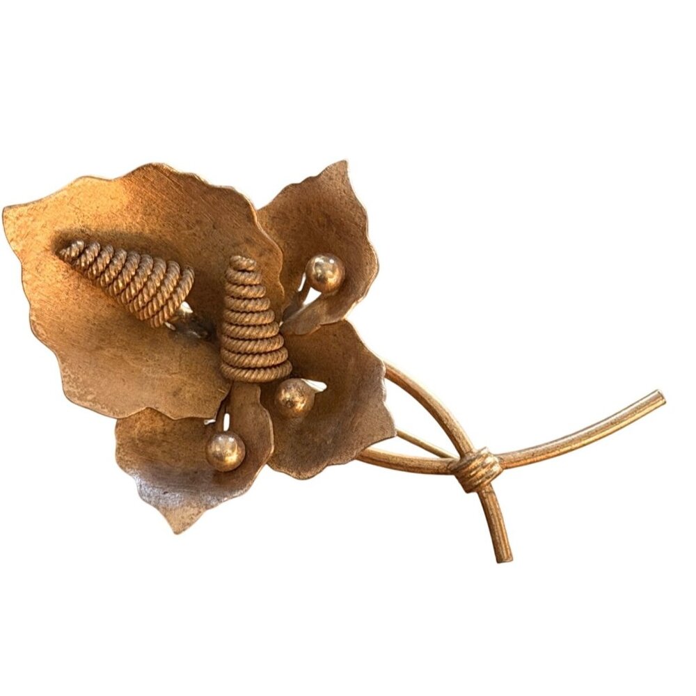 Vintage Gold-Tone Floral Brooch Pin With Textured Petals & Coiled Accents